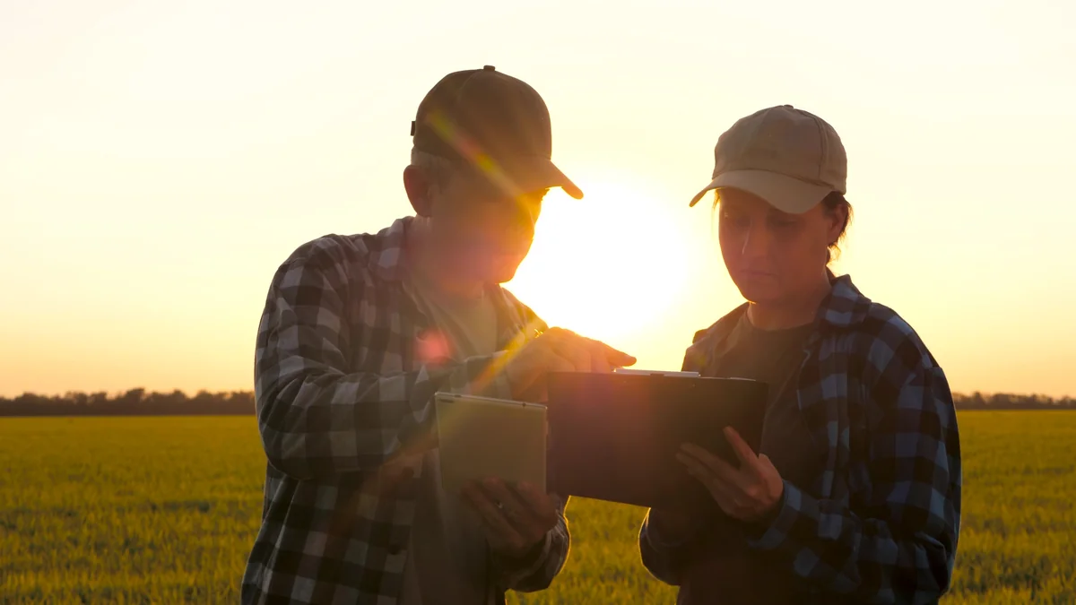 Farmers reviewing benefits plan on tablet in wheat field